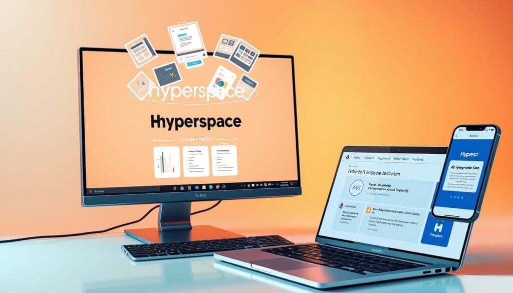 A sleek desktop computer displays a dynamic presentation on AI-powered course creation, the Hyperspace logo prominently featured. Holograms of interactive learning modules float above the screen, surrounded by a futuristic user interface with intuitive controls. A stylish laptop rests nearby, open to an online course platform showcasing a rapidly assembled AI-generated curriculum. In the background, a mobile device displays a Hyperspace app, guiding users through a streamlined remote employee onboarding experience. Warm lighting and clean, minimalist design evoke a sense of efficiency and innovation in rapid AI-driven course development.