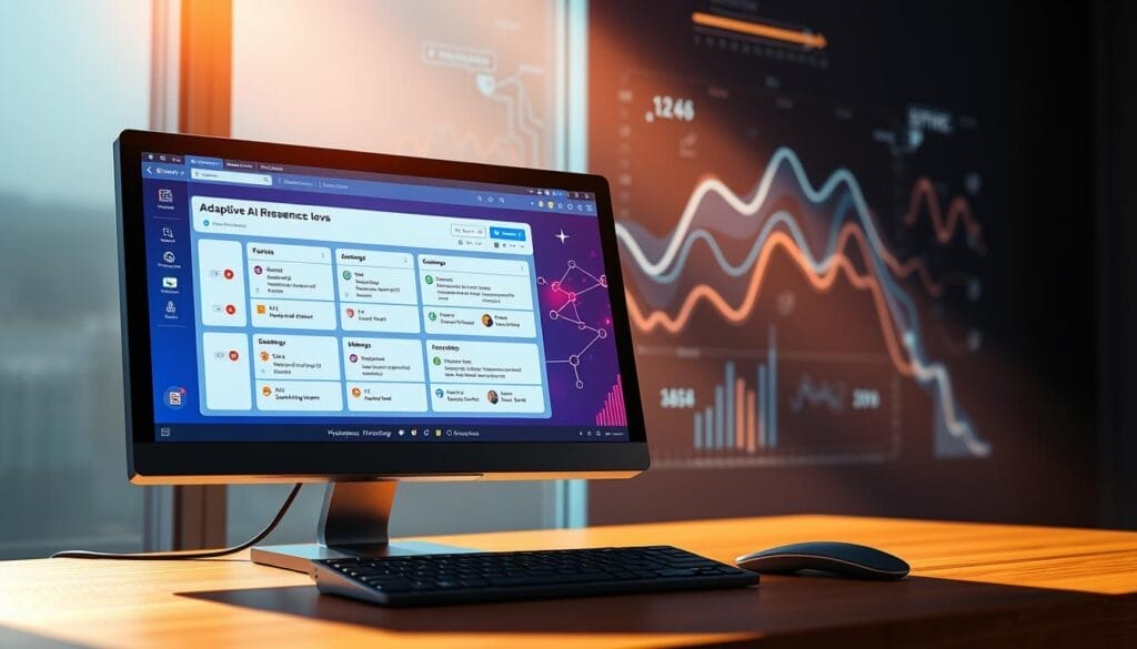 A sleek desktop computer screen displays a vibrant interface showcasing the "Hyperspace" brand. The screen depicts a series of adaptive AI knowledge checks, with dynamic questions and answers tailored to the user's progress. The foreground features an intuitive dashboard, while the background showcases a futuristic data visualization, hinting at the powerful analytics that power the adaptive system. Soft, directional lighting casts a warm glow, conveying a sense of productivity and innovation. The overall composition suggests a seamless integration of cutting-edge technology and personalized learning, designed to enhance the onboarding experience.