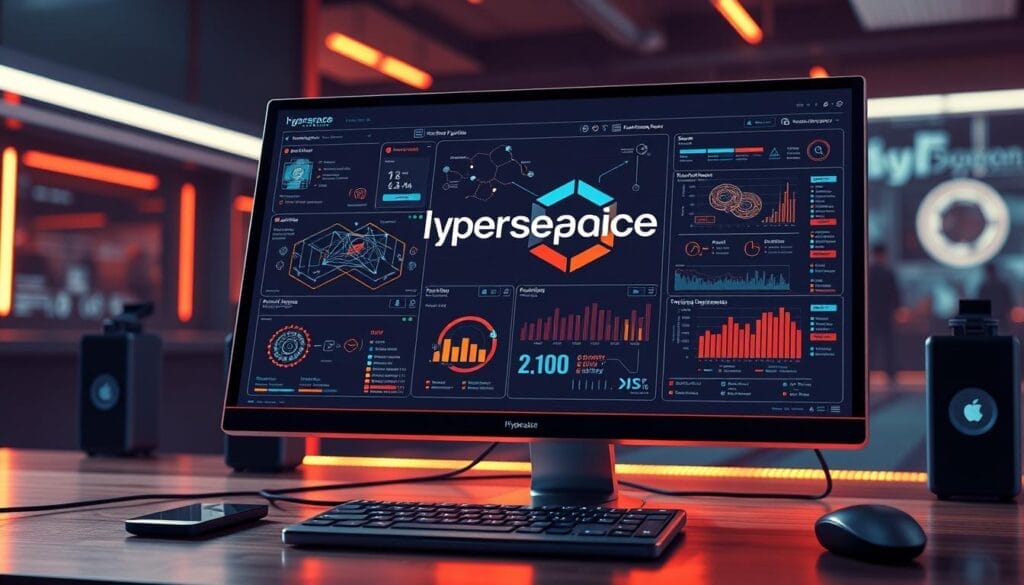 A sleek, futuristic desktop computer display showing an advanced AI learning system, with a Hyperspace logo prominently displayed. The interface features dynamic data visualizations, neural network diagrams, and adaptive learning algorithms. The scene is bathed in warm, ambient lighting, creating a sense of depth and immersion. The overall aesthetic conveys a balance of cutting-edge technology and intuitive user experience, reflecting the "Adaptive AI Learning Systems" concept.