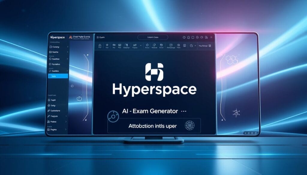A sleek, futuristic-looking desktop interface with a prominent "Hyperspace" logo in the center. The interface features various tools and options for creating and managing digital exams, including a large "AI Exam Generator" module in the foreground. The background is a smooth, gradient-based design with hints of holographic elements, conveying a sense of advanced technology. The entire scene is bathed in a cool, metallic color palette, creating a sophisticated and innovative atmosphere.