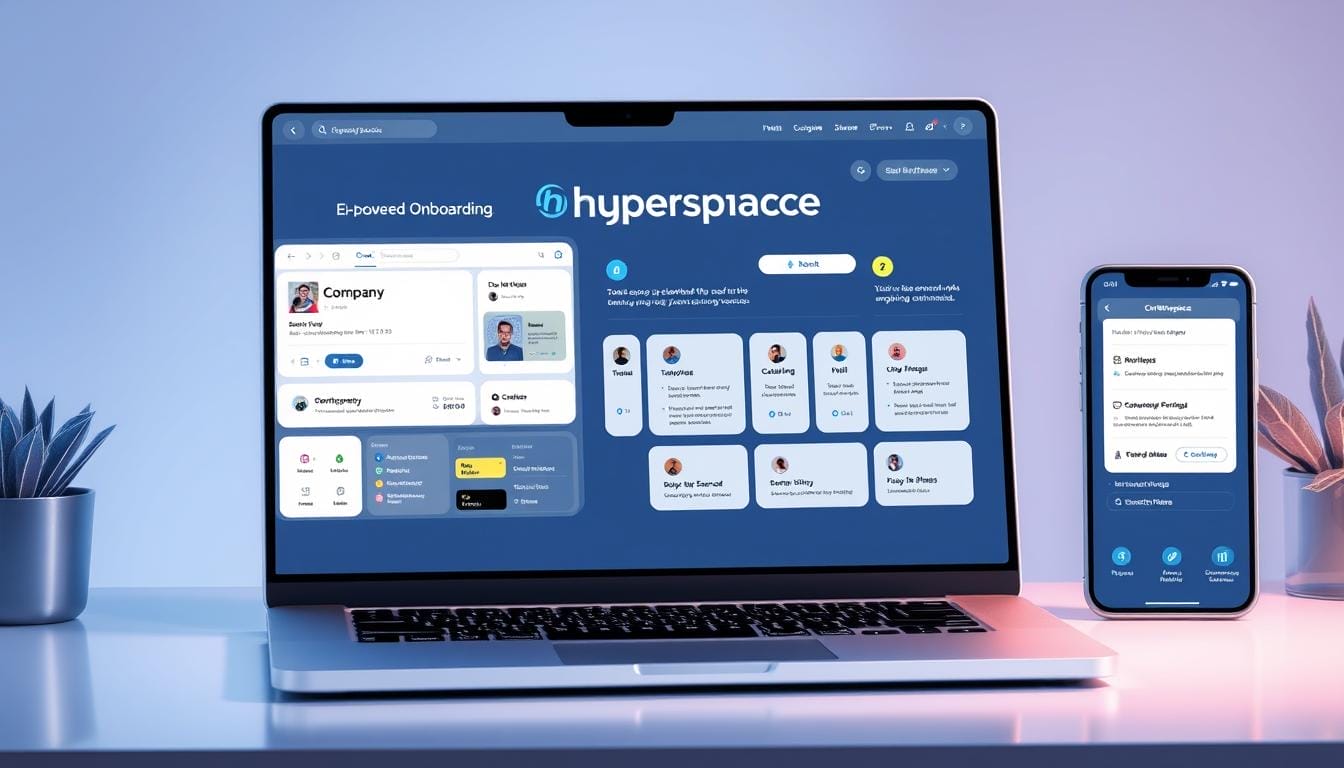 A sleek, modern AI-powered onboarding platform with the Hyperspace brand prominently displayed on a desktop, laptop, or mobile device screen. The interface features a clean, intuitive layout with various customizable modules, including company information, employee profiles, training resources, and automated workflows. The overall design conveys a sense of efficiency, organization, and user-friendliness, reflecting the platform's ability to streamline the onboarding process. The scene is well-lit, with a soft, inviting color palette and subtle reflections or shadows, creating a professional and polished aesthetic.