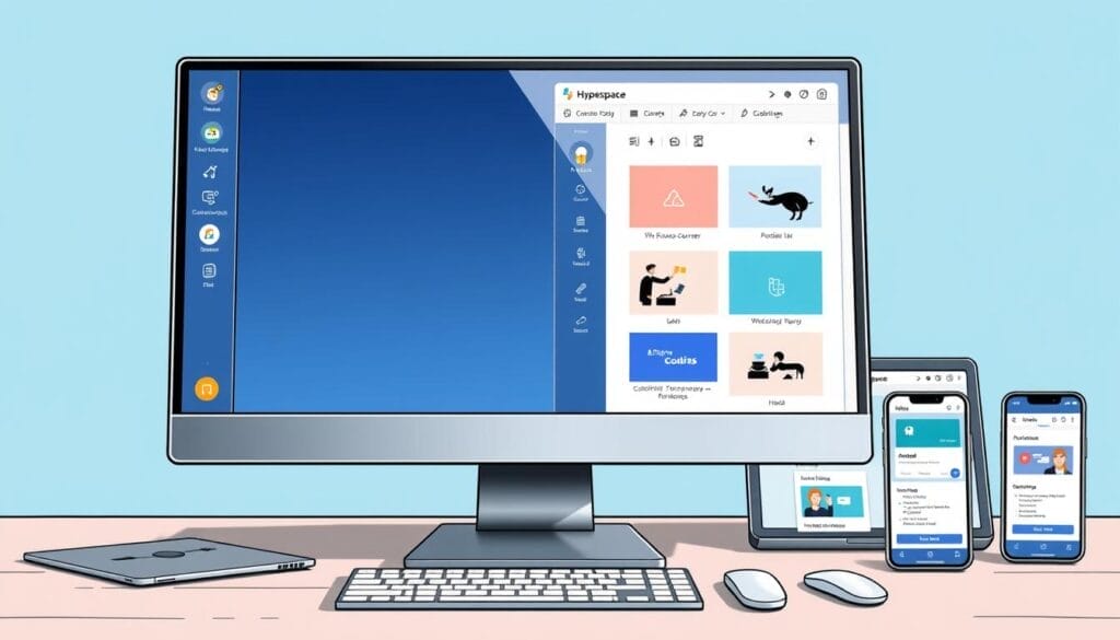 A sleek, modern desktop computer with a high-resolution display showcasing a user interface for an AI course builder application. The interface features a clean, minimalist design with intuitive controls, allowing the user to easily create and customize engaging online courses. In the background, a laptop and a mobile device display the same course creation tools, demonstrating the cross-platform capabilities of the "Hyperspace" AI course builder. The overall scene conveys a sense of efficiency, productivity, and the power of AI-powered course creation.