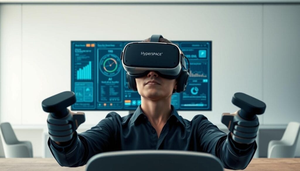 A sleek, modern desktop display showcases a virtual reality headset and motion controllers, emblazoned with the "Hyperspace" logo. In the foreground, a sales representative undergoes a comprehensive assessment, their face obscured by the VR gear as they immerse themselves in a simulated sales scenario. The middle ground features a sophisticated AI interface, visualizing data and insights to evaluate the rep's performance. The background gradually fades into a minimalist office setting, creating a professional, technology-driven atmosphere. Soft, directional lighting accentuates the scene, casting subtle shadows and highlights to convey a sense of depth and realism.