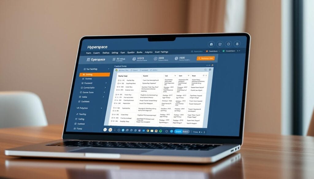 A sleek, modern laptop screen displaying a sophisticated AI-powered exam generator interface. The Hyperspace logo prominently featured, conveying a sense of cutting-edge technology. In the foreground, a sophisticated dashboard with customizable exam settings, question banks, and analytics tools. The middle ground showcases a preview of a dynamically generated exam, complete with a variety of question types. The background subtly blurs, creating a depth of field and focus on the core functionality. Warm, neutral lighting illuminates the scene, reflecting the ease and efficiency of this AI-driven exam creation solution.