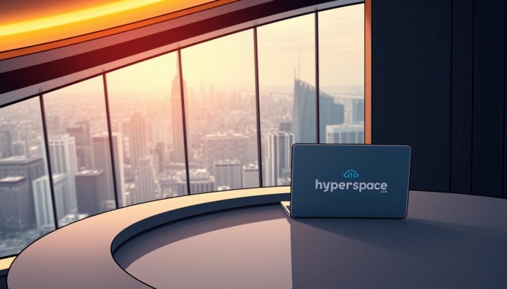 A sleek, modern office space with a curved desk and a Hyperspace-branded laptop prominently featured. The desk is adorned with a stylized AI assistant icon, hinting at the integration of AI technology into the hospitality workflow. The background features a panoramic view of a bustling city skyline, conveying a sense of the rapid digital transformation sweeping the industry. Warm, diffused lighting casts a subtle glow, creating an inviting and professional atmosphere. The overall composition suggests the seamless fusion of AI and hospitality, highlighting the transformative power of this emerging technology.