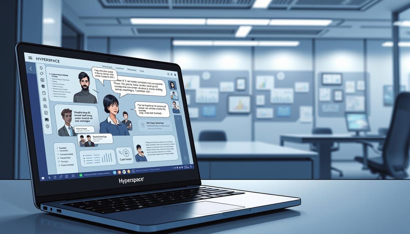 A sophisticated digital workspace with a sleek, minimalist design. In the foreground, a Hyperspace-branded laptop or desktop computer displays an immersive AI conversation simulation, showcasing realistic avatars and dynamic dialogue. The middle ground features various collaboration tools, data visualizations, and interactive controls, creating an engaging and intuitive interface. The background evokes a modern, well-lit office environment with clean lines, neutral tones, and subtle lighting, conveying a sense of professionalism and technological prowess. The overall mood is one of innovation, productivity, and a commitment to elevating leadership through advanced AI-powered communication simulation.