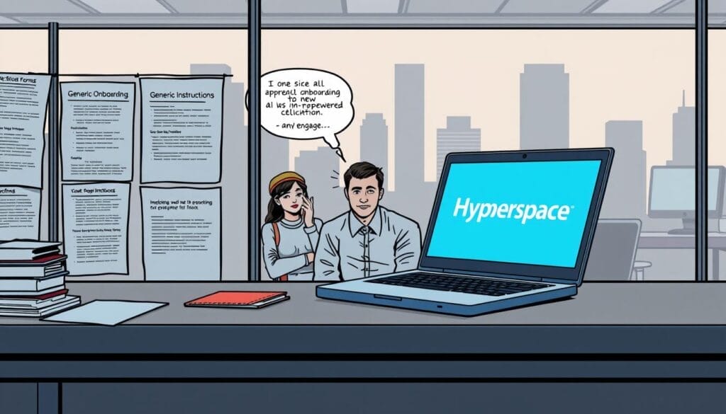 A stark office desk, illuminated by the glow of a laptop screen, displays a generic onboarding process - rigid forms, generic instructions, a one-size-fits-all approach. In the foreground, the Hyperspace logo stands out, a beacon of a new, adaptive AI-powered solution. The middle ground reveals employees struggling to engage, their expressions conveying the limitations of traditional methods. The background fades into a hazy, corporate landscape, emphasizing the disconnect between outdated onboarding and the modern workplace. The overall scene evokes a sense of frustration and the need for a more personalized, intelligent onboarding experience.
