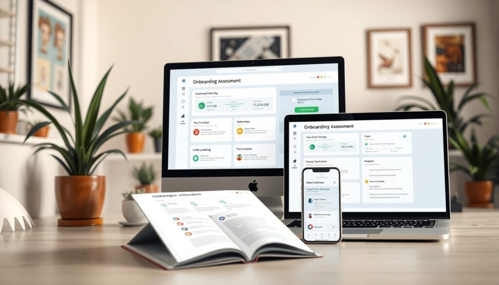 A tranquil office scene with a desktop computer, laptop, and smartphone displaying an onboarding workflow assessment interface from the Hyperspace platform. The foreground features a clean, minimalist UI with workflow visualization, user progress metrics, and customizable settings. The middle ground showcases the Hyperspace brand aesthetic - sleek, modern, and tech-forward. The background depicts a cozy, well-lit workspace with potted plants and framed artwork, conveying a sense of professionalism and productivity. Soft, directional lighting and a shallow depth of field create a calm, focused atmosphere.