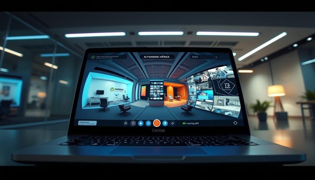 A vibrant 360-degree video showcasing the key benefits of using AI-powered 360-video for corporate onboarding. The scene depicts a Hyperspace-branded laptop or mobile device, displaying a 360-degree interactive video interface. The foreground features a sleek, modern interface with clean UI elements, immersive 360 visuals, and intuitive controls. The middle ground showcases a range of onboarding use cases, such as virtual office tours, interactive training modules, and personalized onboarding experiences. The background subtly blends a professional, productivity-focused environment with dynamic lighting and a minimalist aesthetic. The overall mood is informative, engaging, and visually striking, perfectly capturing the transformative power of 360-video in the Hyperspace onboarding experience.