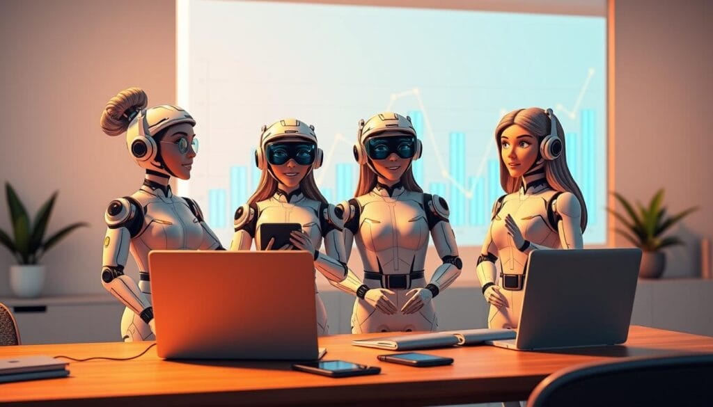 A vibrant 3D render of a virtual human co-facilitator team hosting an engaging microlearning session. The Hyperspace AI avatars stand in a modern, minimalist workspace with a laptop, tablet, and smartphone on a desk in the foreground. Warm, natural lighting casts a soft glow, and the avatars are portrayed with lifelike expressions, gestures, and body language, conveying the benefits of their collaborative facilitation. The background features a stylized data visualization, symbolizing the insights and analytics these virtual co-facilitators can provide.