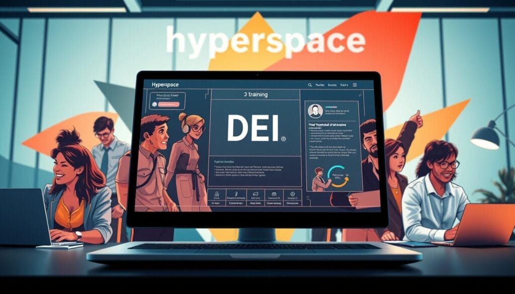 A vibrant and dynamic workplace transformation, showcasing the evolution of DEI training. A desktop or laptop display highlights the "Hyperspace" brand, immersing the viewer in a progressive, tech-forward environment. In the foreground, a diverse group of employees engage in collaborative activities, their expressions animated and energized. The middle ground features a sleek, minimalist interface with intuitive controls, guiding users through personalized DEI modules. The background subtly hints at the broader organizational shift, with abstract geometric shapes and a warm, empowering color palette, conveying a sense of unity and progress. Crisp lighting and a carefully curated camera angle create a polished, aspirational atmosphere, reflecting the transformative nature of modern DEI training.