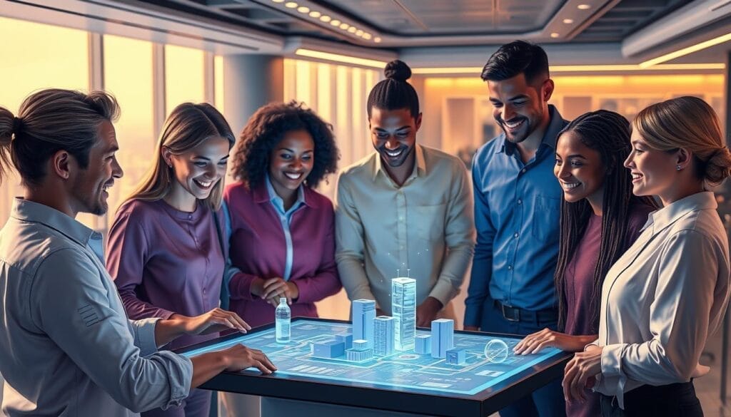 A vibrant, inclusive leadership simulation in a modern, minimalist interface. In the foreground, a group of diverse individuals collaborate around a sleek, interactive touchscreen display, their faces animated with engaged discussion. The middle ground features a 3D holographic model of a city, with transparent data visualizations and information overlays. The background showcases a panoramic view of a futuristic, high-tech office, bathed in warm, indirect lighting and accented by the Hyperspace brand aesthetic. An atmosphere of innovation, teamwork, and progressive thinking permeates the scene.