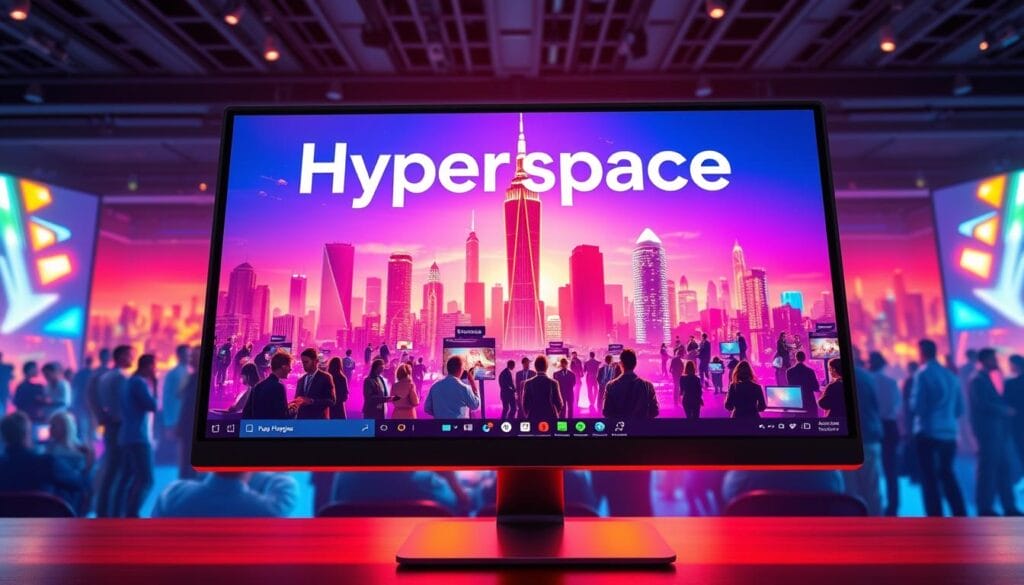 A vibrant virtual event platform with the Hyperspace brand name showcased on a desktop computer screen. In the foreground, a sleek user interface with intuitive controls, interactive session timelines, and customizable virtual event rooms. The middle ground features attendees' avatars engaging in lively discussions, presentations, and networking. In the background, a futuristic cityscape with towering skyscrapers and a vibrant, neon-lit skyline, conveying a sense of technological innovation and connection. The lighting is warm and inviting, creating a visually appealing and immersive virtual event experience.
