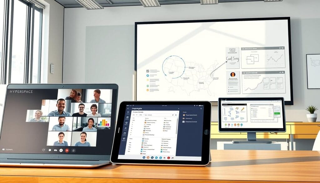 A virtual classroom platform featuring a sleek and modern Hyperspace interface. In the foreground, a laptop screen displays a video call with participants engaged in discussion. The middle ground showcases a tablet device with a schedule and course materials. In the background, a desktop computer showcases various productivity tools and virtual whiteboards for collaborative work. The lighting is bright and natural, creating a sense of productivity and focus. The overall atmosphere is one of a cutting-edge, technologically-advanced virtual learning environment.