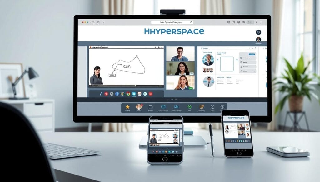 A virtual classroom platform with a modern, intuitive interface. In the foreground, a desktop or laptop computer screen displays the "Hyperspace" branded platform, showcasing an interactive whiteboard, video conferencing windows, and various collaboration tools. The middle ground features a clean, minimalist desk setup with a tablet or smartphone also displaying the Hyperspace platform. In the background, a comfortable home office setting with natural lighting creating a warm, productive atmosphere. The overall scene conveys a sense of efficiency, connectivity, and seamless digital learning experience.
