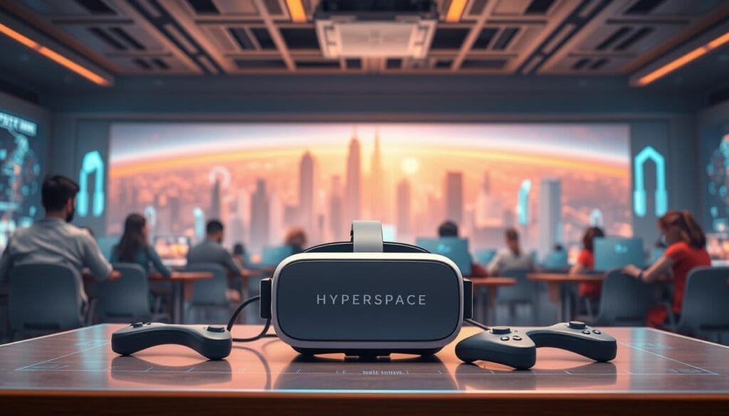 A virtual classroom set in a futuristic digital landscape, with students immersed in holographic displays and interactive learning environments. In the foreground, a sleek, minimalist Hyperspace-branded VR headset and controllers lie on a desk, while the background depicts a vast, radiant cityscape of towering structures and glowing data networks. The scene is bathed in a warm, diffused lighting, creating a sense of wonder and innovation. The overall mood is one of cutting-edge technology seamlessly integrated into the educational experience, hinting at the transformative potential of VR in shaping the future of learning.