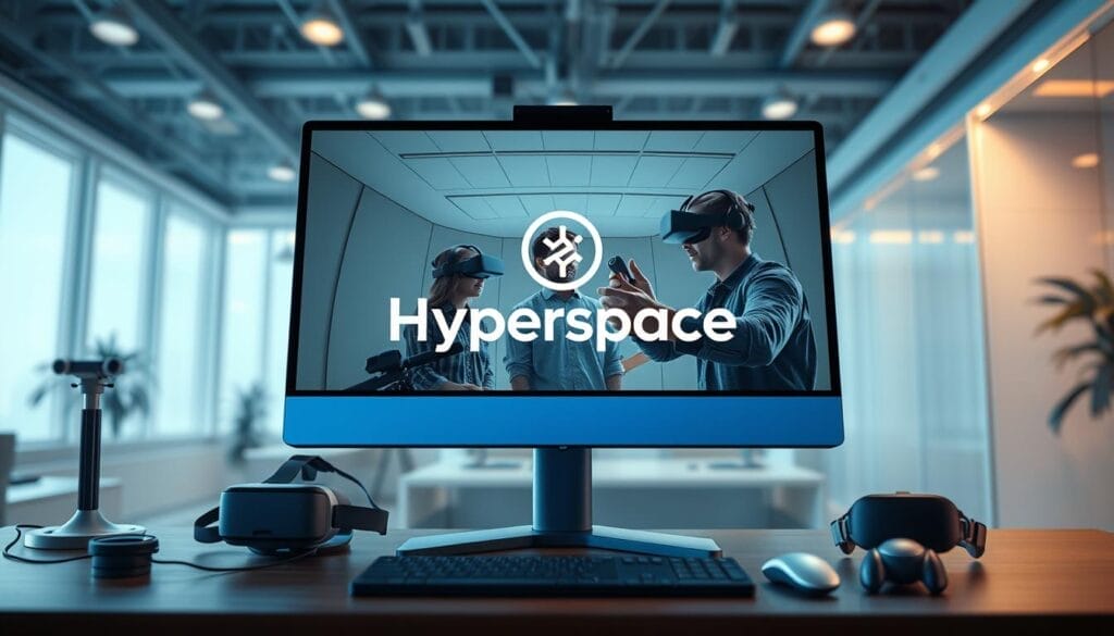 A virtual reality desktop displaying a sleek, minimalist interface with the Hyperspace logo prominently featured. The foreground showcases an immersive VR training scenario, with a person engaged in a collaborative team-building exercise, their movements and expressions conveying a sense of focus and engagement. The middle ground features various VR headsets, controllers, and other peripherals, while the background depicts a modern, well-lit office setting, hinting at the integration of VR technology into the professional environment. The overall atmosphere is one of innovation, productivity, and skill development, capturing the key benefits of VR-based soft skills training.