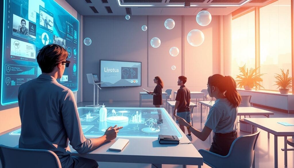A well-lit, futuristic classroom scene in a metaverse platform called Hyperspace. The foreground features a large, holographic display showing immersive educational content. In the middle ground, students interact with virtual learning tools and 3D models using hand gestures and voice commands. The background depicts a serene, technologically-advanced environment with floating orbs of light and sleek, minimalist furniture. The overall atmosphere is one of innovation, engagement, and seamless integration of the physical and digital realms, perfectly capturing the essence of a transformative metaverse classroom experience.