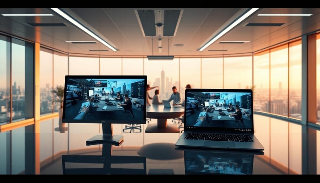 A wide-angle, cinematic view of a sleek, futuristic office space. In the foreground, a desktop computer and a laptop display immersive 360-degree videos showcasing various business applications of the "Hyperspace" AI-powered 360-video creator. The middle ground features office workers collaborating around a conference table, gesturing towards the screens. The background reveals a panoramic city skyline, bathed in warm, diffused lighting, creating a professional, yet innovative atmosphere.