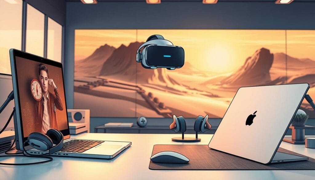 A workspace filled with a seamless blend of digital and physical elements. In the foreground, a modern desktop setup with a Hyperspace-branded laptop, sleek headphones, and a minimalist mouse pad. The middle ground showcases a virtual reality headset and motion controllers, hinting at the immersive training experience. The background features a striking abstract landscape, reflecting the transformative nature of the "The Evolution of Compliance Training". Warm lighting, clean lines, and a sense of futuristic sophistication permeate the scene, inviting the viewer to envision the convergence of technology and professional development.