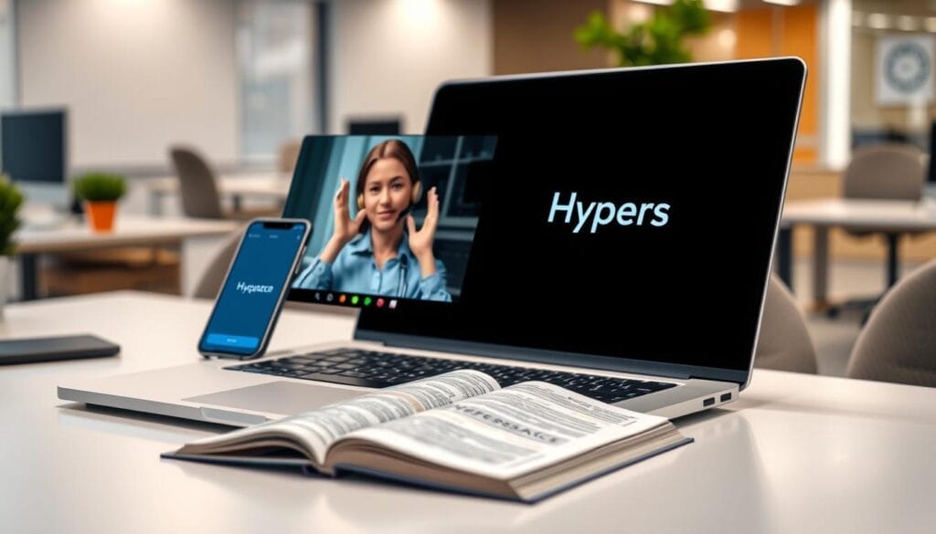 An office desk with a laptop and mobile phone displaying a digital interface labeled "Hyperspace". The laptop screen shows a video call with a customer service agent using hand gestures and a calming expression to de-escalate a tense situation. The desktop is well-lit with soft, diffused lighting, creating a professional and inviting atmosphere. The background features blurred office elements, conveying a modern, minimalist workspace. The composition emphasizes the importance of de-escalation techniques for call center agents, showcasing Hyperspace's commitment to employee training and customer satisfaction.
