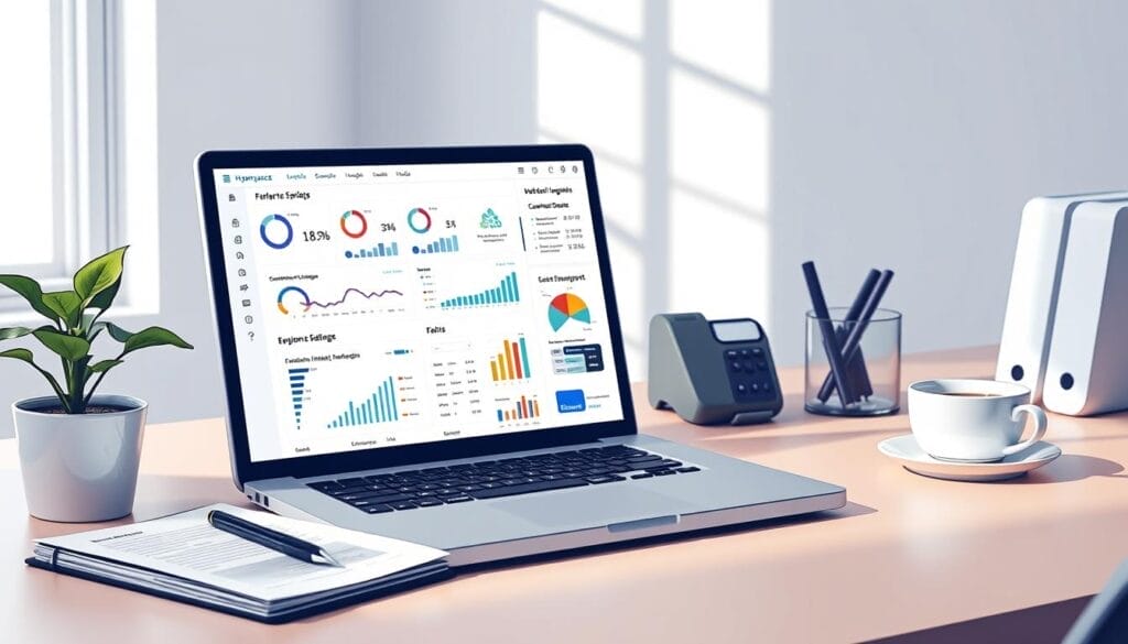 An office desk with a laptop computer displaying a Hyperspace-branded emotional intelligence assessment dashboard. The laptop screen shows various graphs, charts, and data visualizations, providing insights into an individual's emotional intelligence profile. The desk is neatly organized, with a plant, a cup of coffee, and a pen holder. The lighting is soft and natural, creating a calm and focused atmosphere. The overall scene conveys a professional and analytical approach to evaluating emotional intelligence, reflecting the section title "Types of AI-Powered Emotional Intelligence Assessments".
