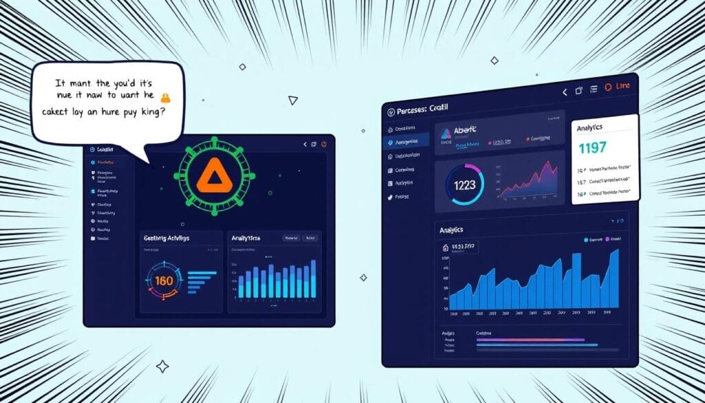 Create an image illustrating Absorb LMS's AI-assisted content creation and analytics dashboard.