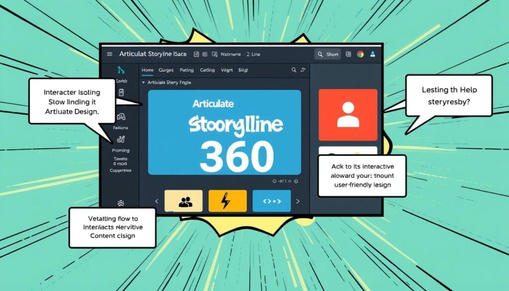 Create an image of Articulate Storyline360's interface highlighting its interactive content creation capabilities.