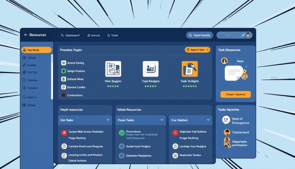 Create an image of a customer onboarding portal dashboard with various resources and task management features.