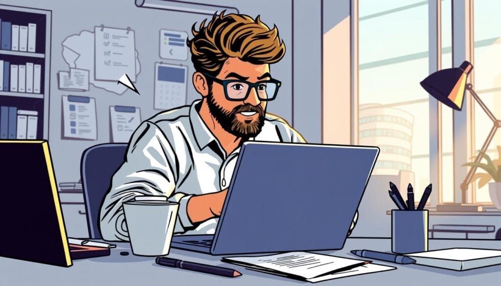 Create an image of a marketer using Jasper to generate content on their laptop.