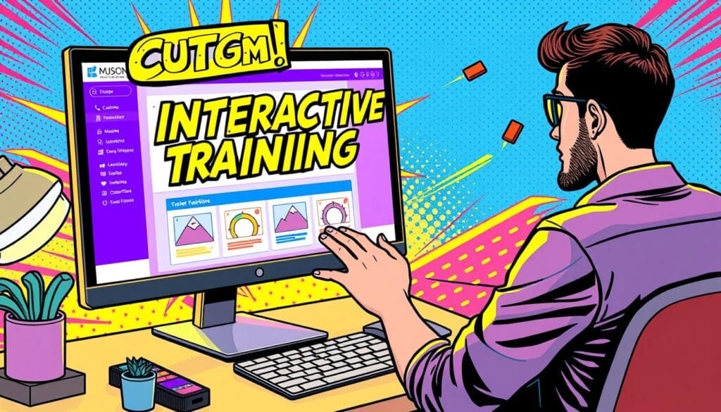 Create an image of a person customizing an interactive training course on a computer screen