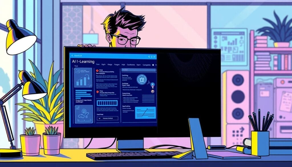Create an image of a person using an AI elearning authoring tool on a computer