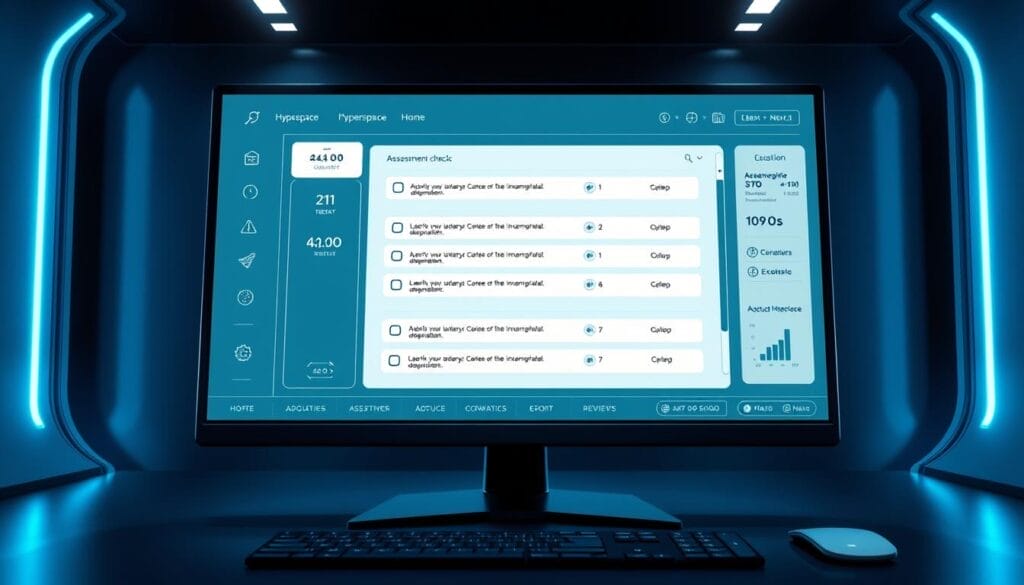 Crisp desktop display presenting a sophisticated Hyperspace UI, featuring an adaptive AI knowledge check system. Futuristic and minimalist interface with sleek icons, clean typography, and a balanced color palette of blues and grays. The screen showcases a series of dynamically generated assessment questions, adjusting difficulty based on user performance. Subtle ambient lighting casts a professional, authoritative tone, as if this is a vital component of an enterprise-level onboarding simulation. The overall impression is one of cutting-edge, intelligent technology enhancing the learning experience.