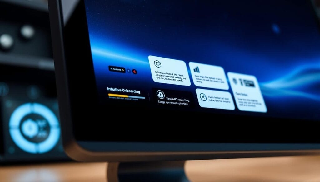 Detailed close-up view of a sleek, modern desktop computer screen displaying the "Hyperspace" AI onboarding platform. The screen shows a simple yet elegant user interface with a clean, minimalist design. The foreground features a progress bar and various intuitive onboarding steps, conveying a streamlined and efficient onboarding process. The middle ground showcases relevant icons, graphics, and subtle animations, highlighting the platform's core features. The background subtly blurs out, creating a sense of depth and focus on the onboarding experience. The overall mood is one of professionalism, user-friendliness, and technological sophistication.