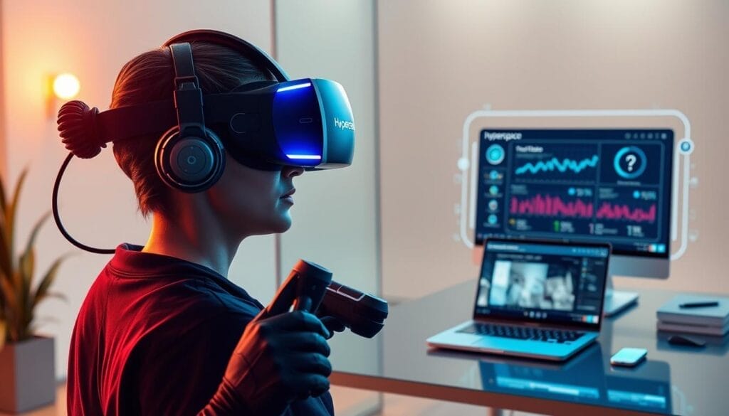 Detailed, photorealistic image of an AI-powered VR compliance training system. The foreground depicts a user wearing a sleek, futuristic VR headset and controllers, immersed in a virtual environment. The middle ground showcases a Hyperspace-branded laptop or desktop computer displaying real-time analytics and feedback from the VR session. The background features a minimalist, high-tech office or training facility setting with clean lines, warm lighting, and subtle holographic displays. The overall scene conveys a sense of advanced, seamless integration between AI, VR, and enterprise-level compliance training.
