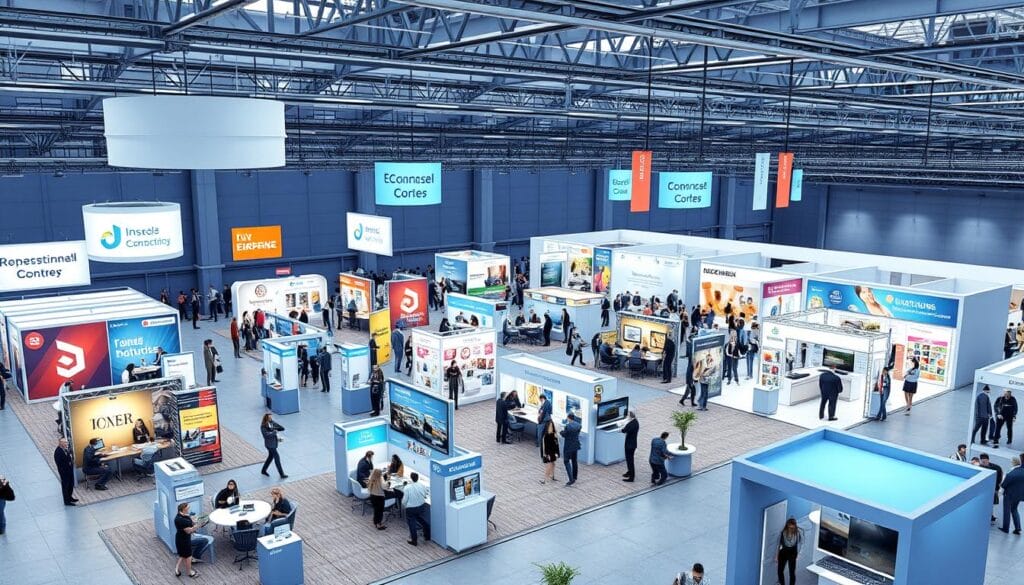 Generate an image of a 3D virtual environment for a career fair or trade show.