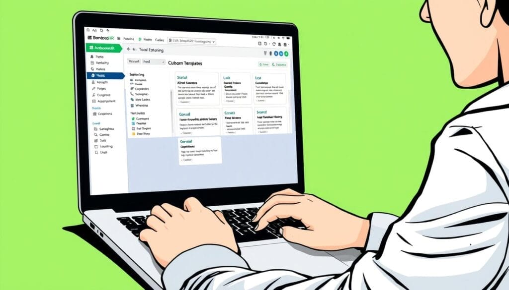 Generate an image of a HR professional customizing onboarding templates on a laptop with BambooHR's software interface on the screen.