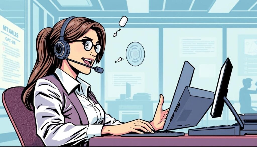 Generate an image of a call center agent confidently handling a customer call with the help of AI scenario rehearsal.
