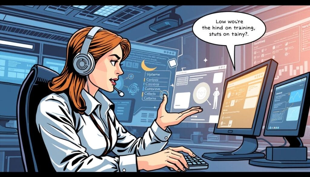 Generate an image of a call center agent training with Hyperspace AI scenario rehearsal platform