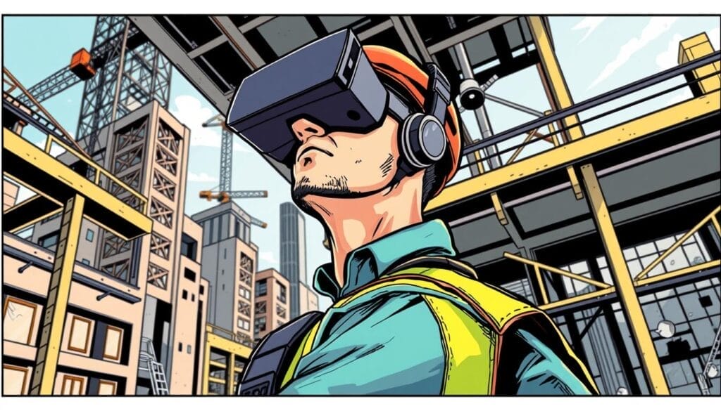 Generate an image of a construction worker wearing VR goggles, standing on a virtual scaffolding.