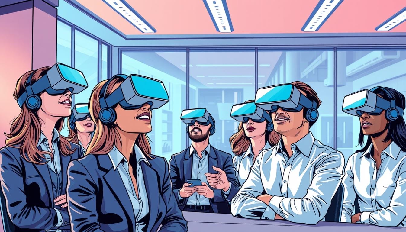 Generate an image of a corporate training session using Virtual Reality headsets