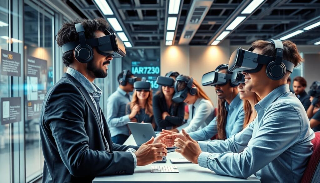 Generate an image of a corporate training session using virtual reality technology