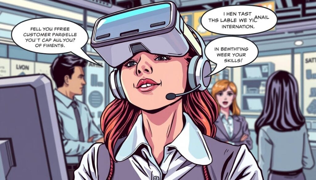 Generate an image of a customer service representative in a VR environment practicing different customer interactions.