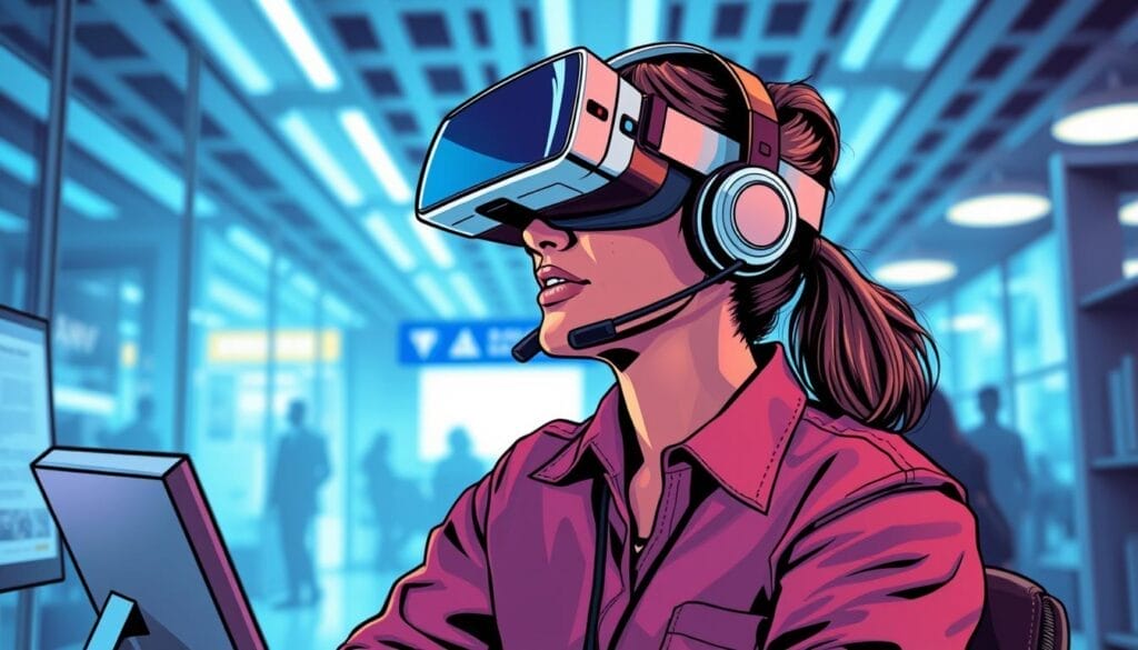 Generate an image of a customer service representative training in VR
