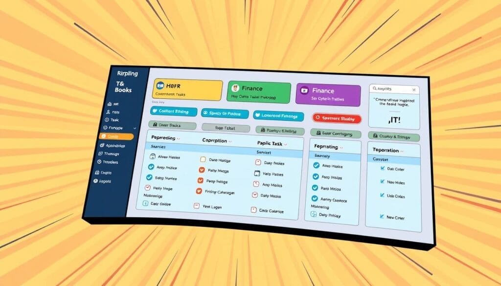 Generate an image of a dashboard showing Rippling's unified onboarding tasks for HR, IT, and Finance.