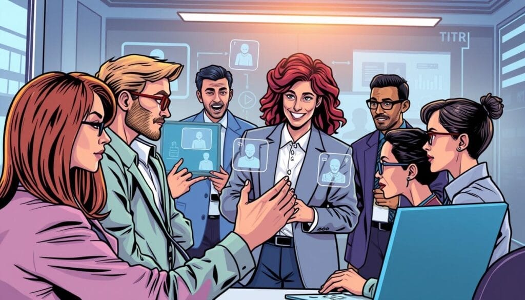 Generate an image of a diverse group of professionals engaging with AI coaching avatars in a virtual training session.