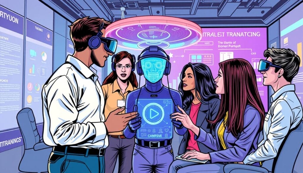 Generate an image of a diverse group of professionals interacting with a digital avatar in a virtual training session.
