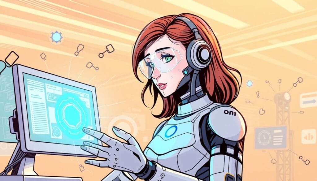 Generate an image of a futuristic AI assistant helping a course creator refine their training courses.