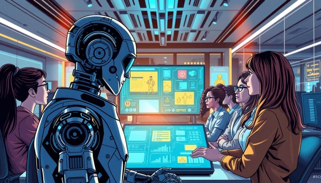 Generate an image of a futuristic AI system creating personalized onboarding courses for new hires.