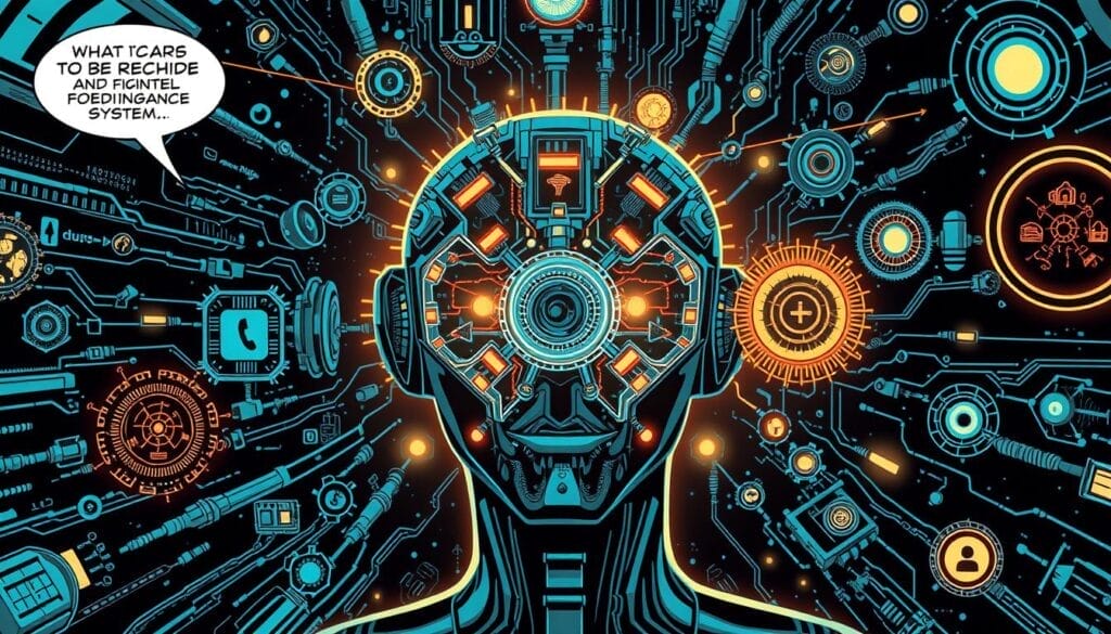 Generate an image of a futuristic AI system with multiple feedback mechanisms.